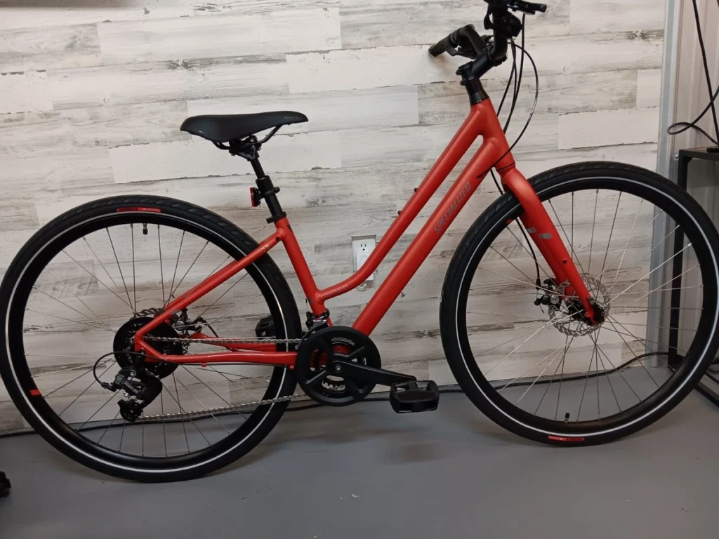 Hybrid rental bike parked at trailhead near Oro Valley